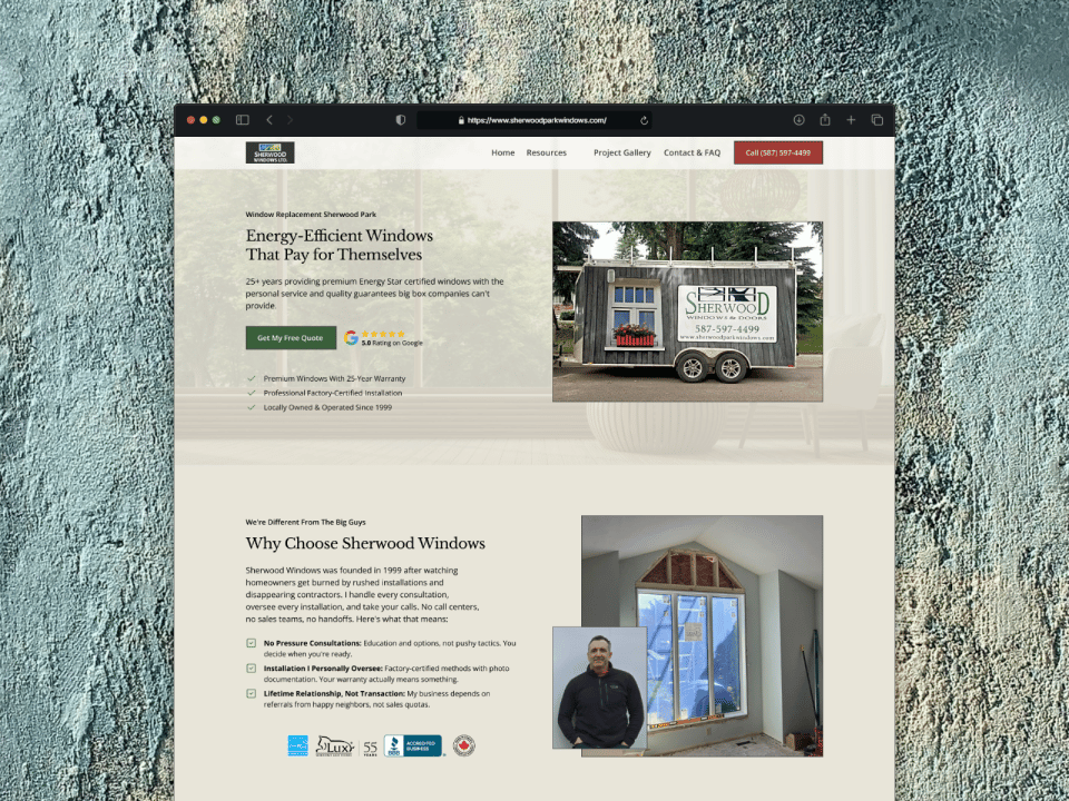 Sherwood Windows website shown in a desktop browser